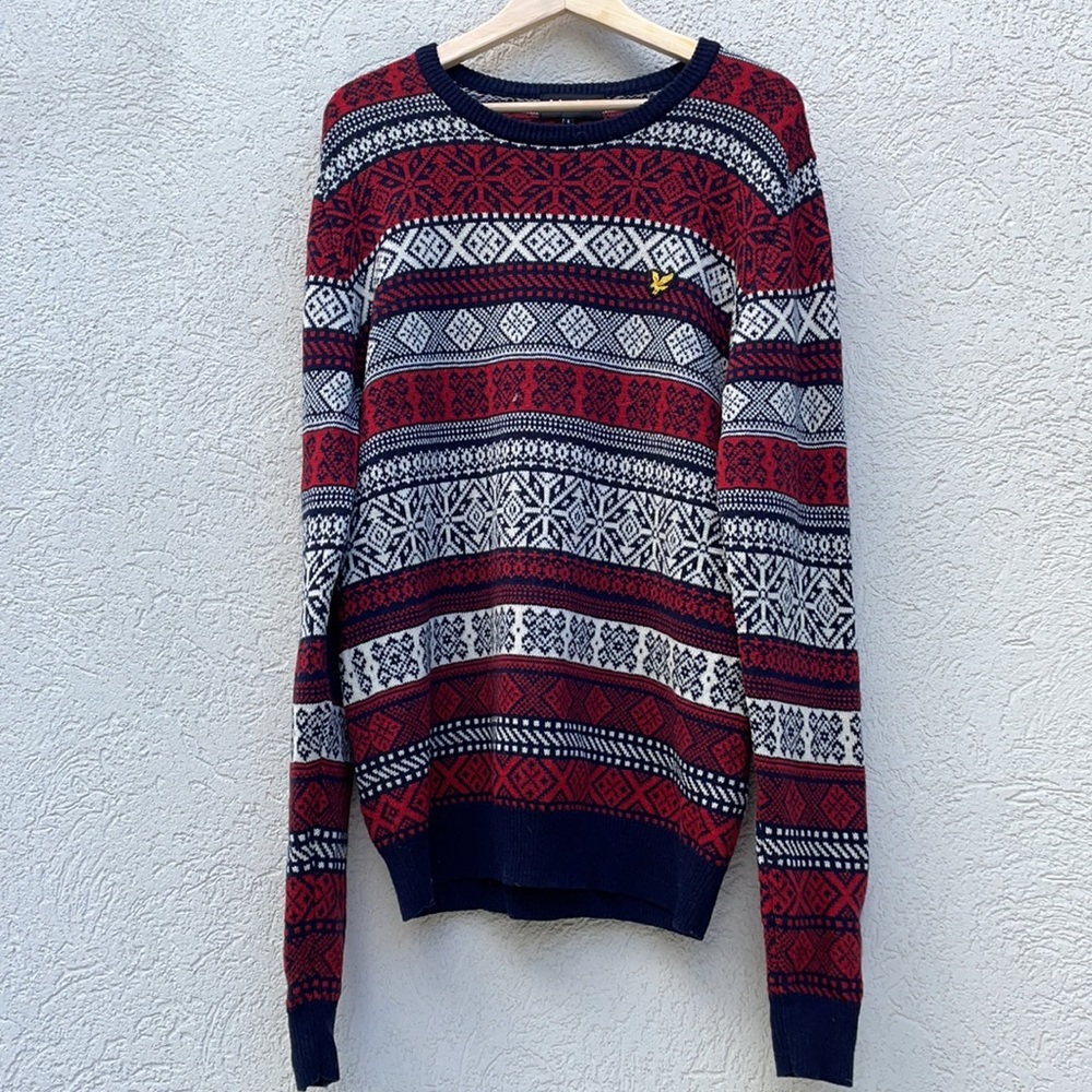 Lyle & Scott sweater 100% lambs wool fair isle elbow pads